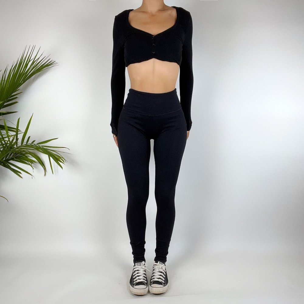 Vintage Y2K High Waisted Ribbed Black Leggings / Size: Small - Picture 1 of 3